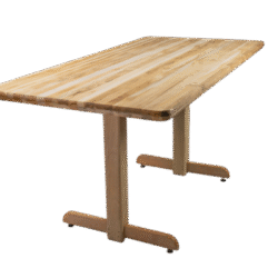 MESA FIXA 80×160 2 PÉS CENTRAL C/ BORDA MADEIRA TAMPO PAINEL LISO CRU S/VERNIZ