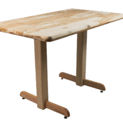 MESA FIXA 70×120 2 PÉS CENTRAL C/ BORDA MADEIRA TAMPO PAINEL LISO CRU S/VERNIZ