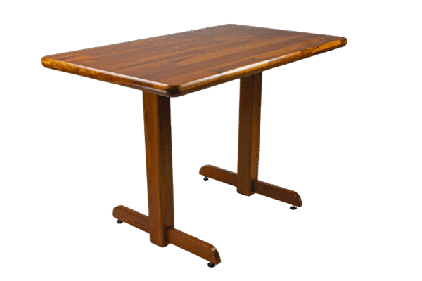 MESA FIXA 70×120 2 PÉS CENTRAL C/ BORDA MADEIRA TAMPO PAINEL LISO VERNIZ