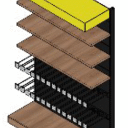 GONDOLA LATERAL GOLD 2,10X0,76 BASE 40CM EM MDF NOGAL AMENDOADO+16 GANCHOS DUPLOS DE 350 MM REFORÇADOS+ 3 BANDEJAS DE 30CM EM MDF 30MM +TESTEIRA DE 40CM AMARELA