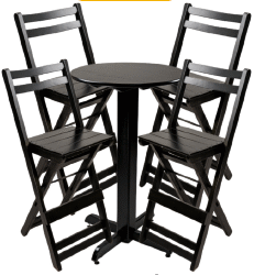 CONJUNTO BISTRÔ PÉ CENTRAL REDONDO 60CM MADEIRA PAINEL TECA LISO VERNIZ PU RÚSTICO (50% LIXA) PRETO C/2 BANQUETÃO DOBR.