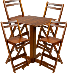 CONJUNTO BISTRÔ PÉ CENTRAL QUADRADO 60X60 MADEIRA PAINEL TECA LISO VERNIZ PU RÚSTICO (50% LIXA) PRETO C/2 BANQUETÃO DOBR.