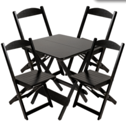 CONJUNTO MESA DOBR. 70X70 MADEIRA PAINEL PINUS LISO VERNIZ PU RÚSTICO (50% LIXA) PRETO C/4 CADEIRAS DOBRAVEL RETRO RETO