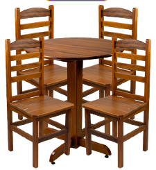 CONJUNTO MESA PÉ CENTRAL REDONDO 70CM MADEIRA PAINEL TECA LISO VERNIZ PU RÚSTICO (50% LIXA) MEL C/4 CADEIRA POP