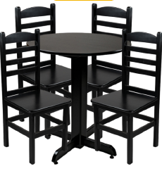 CONJUNTO MESA PÉ CENTRAL REDONDO 70CM MADEIRA PAINEL TECA LISO VERNIZ PU RÚSTICO (50% LIXA) PRETO C/4 CADEIRA POP